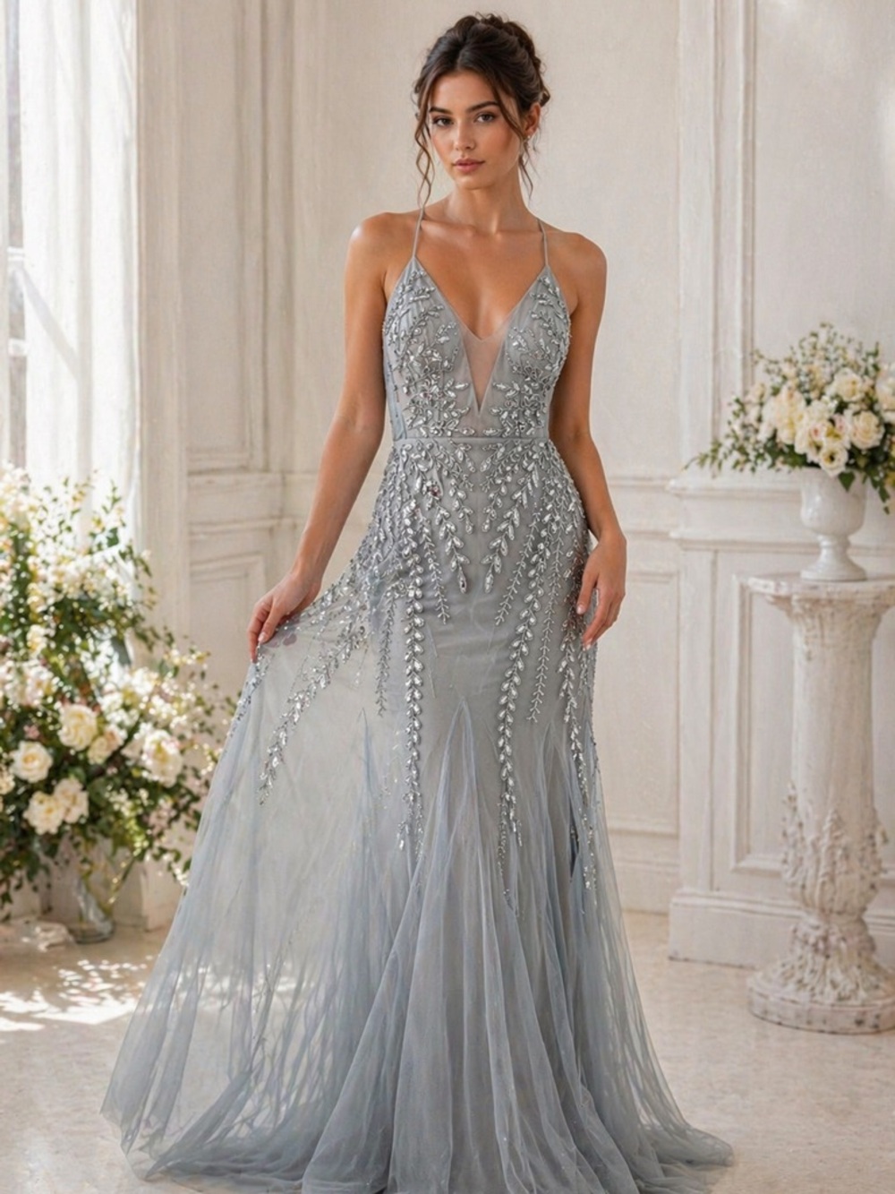 Adrianna Papell Silver Sequin Embellished Tulle Gown Size 6